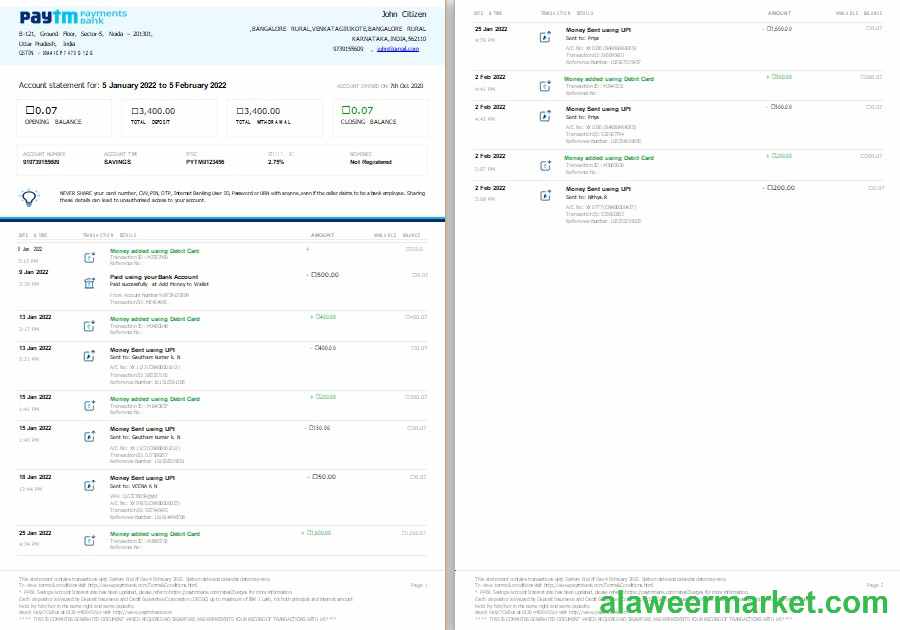 India Paytm Payments bank statement template, Word and PDF format, 2 pages, version 2